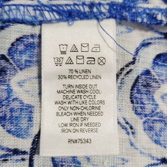 Sigrid Olsen Womens XL 100% Linen Tunic Top Blue White Pattern V-Neck 3/4 Sleeve - Picture 12 of 12